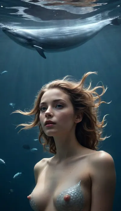 In the dark, endless ocean, a woman floats in a long, She is surrounded by enormous fish, some with eyes level to hers, others gliding above her like slow, majestic shadows. Their scales shimmer in blue, naked, casting soft light into the water. In the distance, the faint silhouette of a massive whale-like creature moves through the blue haze. Her hair is crowned with pearls and coral, her skin glistening with the reflected light of the fish. The atmosphere is calm yet powerful, cinematic, and awe-inspiring.