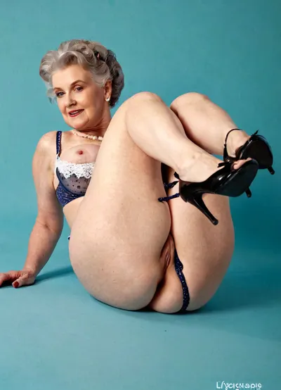 Very old curvy casual grandmother lifts her legs, studio background, retro lingerie, vintage accessories, hairstyle High detailed photo, high quality photo, professionnal photographer, different angles and views