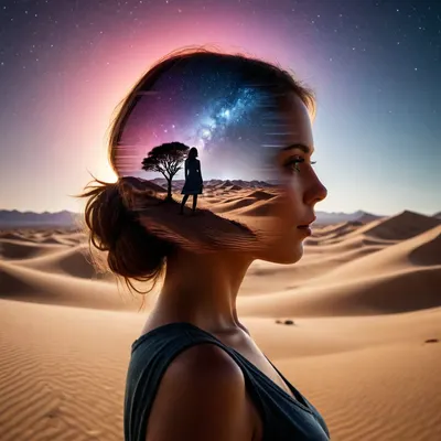 (double-exposure image, silhouette of a woman superimposed on a night scene with a desrt dunes), vibrant colors, blending human with desert landscape, Double Exposure style, double exposure, dvr-wwyt, <lora:dvr-wwyt:2>