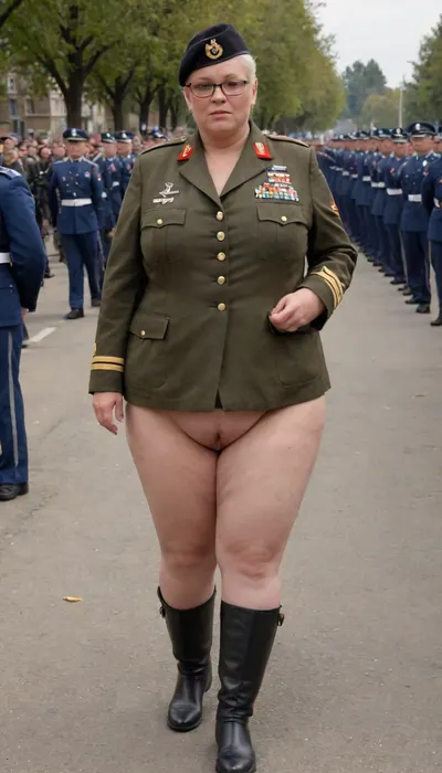 no skirt, no panties on a OBESE 58-year-old European woman with hidden shaggy tits, shaggy belly under buttoned Military parade suit, shaved pussy is visible, white blond hair, wrinkled face, black lipstick on thin lips, black makeup, glasses. She is dressed only with, ((buttoned Military parade suit:1.5)), buttoned up on the tits, officer's peaked cap., ((NO skirt:1.5)), NO PANTIES. long boots, belt, ((shaved pussy visible:1.5)), full figure visible, outdoor, prisoners of war, realistic image, ultra HD, 8k, ((daylight)), HD, true colors, detailed portrait. No blur, ultra HD photorealistic full height 8k, <lora:356724_training_data:.8>, megachubsdxl, morbidly, obese, <lora:megachubsdxl_13:.2>