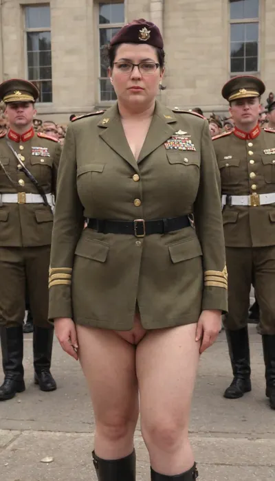 no skirt, no panties on a OBESE 58-year-old European woman with hidden shaggy tits, shaggy belly under buttoned Military parade suit, shaved pussy is visible, black hair, wrinkled face, black lipstick on thin lips, black makeup, glasses. She is dressed only with, ((buttoned Military parade suit:1.5)), buttoned up on the tits, officer's peaked cap., ((NO skirt:1.5)), NO PANTIES. long boots, belt, ((shaved pussy visible:1.5)), full figure visible, outdoor, prisoners of war, realistic image, ultra HD, 8k, ((daylight)), HD, true colors, detailed portrait. No blur, ultra HD photorealistic full height 8k, <lora:356724_training_data:.8>, megachubsdxl, morbidly, obese, <lora:megachubsdxl_13:.2>, <lora:updated_saggy_slim:.5>