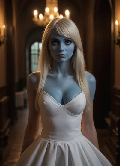 smur-fette from the smurfs, interpreted as a gorgeous woman, blue skin, blonde hair, piercings, athletic, with a white dress, gorgeous figure, interesting shapes, full body photo shot, goth style, dark eye, in the style of jessica drossin, life-size figures, 8k sharp focus, highly detailed, photorealistic