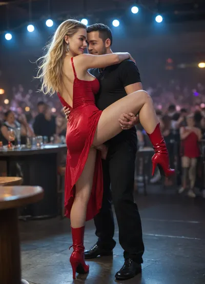 UHD, 8K, cinematic masterpiece, photorealistic, 21yo skinny blonde, (long thin legs:1.1), big round breasts, (alpha male forcefully fucks her from behind), gaint man in club clothings, man in clothings, standing sex, fuck while dancing, (cock in ass:1.1), (big and veiny cock), ((glistening skin)), (large eyes), (Beautiful face, light smile, eye roll:1.2), blonde very long hair styling and shining, (tight cotton dress, dress lifted, no panties, thigh high boots), (shiny red dress:1.1), ((breasts falling out)), (((looking back at man))), in nightclub at dance floor, her hands up, (crowd dancing close, people close around), ((nightclub dark lights)), 4ng3l, face, (long distance view, fullbody view), <lora:BUT_SDXL_SHS:.8>, <lora:add-detail-xl:.6>, <lora:DetailedEyes_V3:.5>