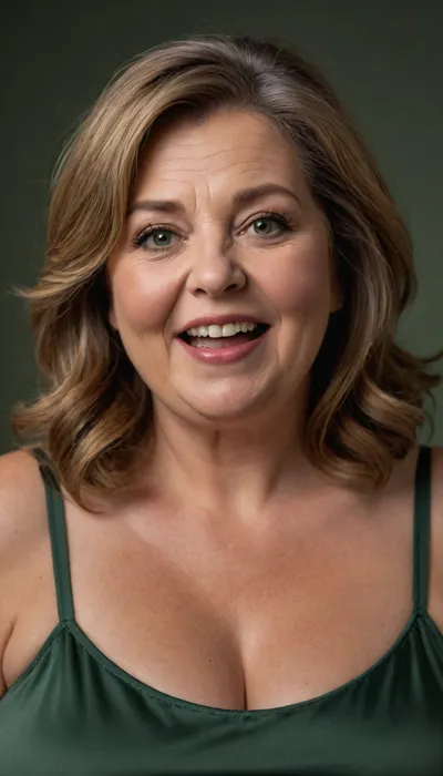 Light chestnut hair with gray streaks, long hair, (Obese), gilf, portrait photo a mature chubby gilf, fat round face, double chin, 70 years old Woman, big eyes, green eyes, layered haircut, chubby jawline, pokies, seductive smile, lips parted, (mouth open:1.2), teeth showing, big lips, looking at viewer, (solid blank background:1.3), film grain, style by Flora Borsi, OverallDetail, satin sleeveless spaghetti strap dress, areola, wide, hips, saggy, sagging, droopy, cleavage, eye contact