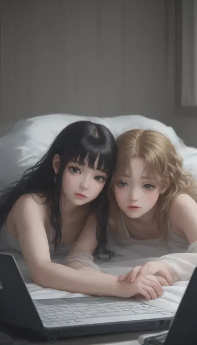 view from the back, big laptop screen displaying a lesbian anime porn game, two girls with long hair watching on a bed