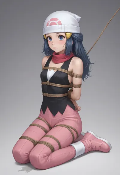dawn_\, (pokemon\), <lora:dawn_(pokemon)_v3:.8>, kneeing on the ground, arms behind her back, tied to a metal frame, tied by ropes, full body tied to the frame, full body
