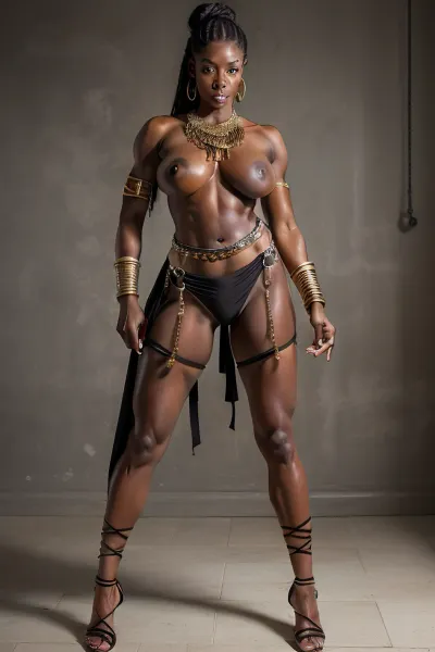 40 year old woman, FDiame, hyper realistic skin, visible pore, professional photoshoot, ray tracking, 85mm, masterpiece, best quality 02, nude, obscene, wild, pussy, (((very tits))), ass, sexual, erotic, spread legs, spread pussy, spread ass crack, dark gray hair, very hair, oily hair, hair bun, belly chain, (((waist chain))), muscular, abs, sixpack, (((slim))), slender, (((skinny))), (((flat sandals))), bald head, (((very dark black skin))), oiled, exhausted, vascular, tall, perky nipples, warrior, amazone, gladiator, Nubian queen, princess, goddess, hardbody, long legs, jucy, strong calves, no clothing, fully nude
