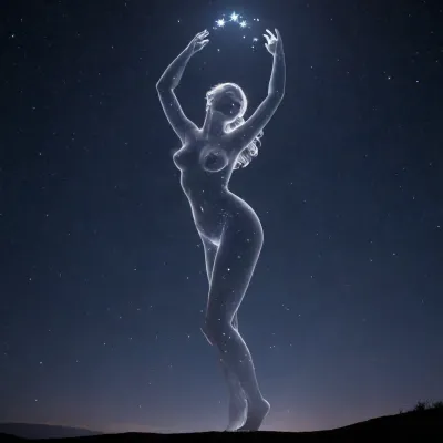 night sky. A strip of the horizon is visible, The transparent silhouette of a dancing sexy Goddess of Love is made up of stars. She is a constellation in the sky. The constellation shines much brighter than all the others.

A mysterious naked transluent silhouette of a sexy woman made of starlight, ((a transparent silhouette of a sexy woman made out of constellation style and signs with stars)), hold in hand moon, <lora:c0nst3llation:1.2>