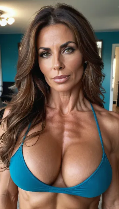 Perfect beauty, Midjourney render, An insanely hot 40 year old italian milf, escort, bimbo very skinny fit, pov seducing me, her extremely long hair, her boobs and face in picture, heavy veiny bolted on boobs, long and messy messy chestnut hair, loose strap top, small waist, big hips, bmbplora, <lora:bimboxl_02:.8>, uberfit, muscular, athletic, <lora:uberfit_lora_sdxl:.8>