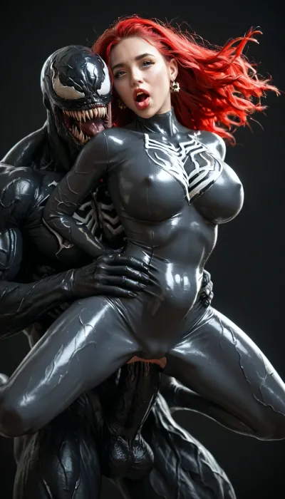 German woman, a very very very long thick braid, red hair, full lips, thick lips, huge chest circumference, dark olive skin, tight micro super hero outfit metallic high-necked long-sleeved high-rise bodysuit, black background, gets held in the air by Venom, full clothing, anal, huge black veiny Venom cock, cock all the way in her ass, belly bulge, ahegao, full body view