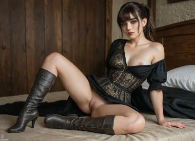 (1 woman:1.6), ((18-year-old brunette goth woman:1.6), (ponytail with bangs:1.6)), (firm breasts), shaved pussy, (posing, expression, horny, slutty, seductive), (medieval peasant outfit:1.6), (Medieval bedroom), sweaty skin, toned, full-length photo, 70mm lens, aesthetic, symmetrical, sharp, slim, athletic, long legs, muscular legs, chapagina high heels, textured skin, perfect body, over the knee boots, goosebumps, detailed, small waist, gold pattern on the dress, one breast visible, <lora:chest_adjust:1.8>, <lora:breasts_slider_v10:1.8>, <lora:289505_training_data:1>, <lora:HandFineTuning_XL:1.8>