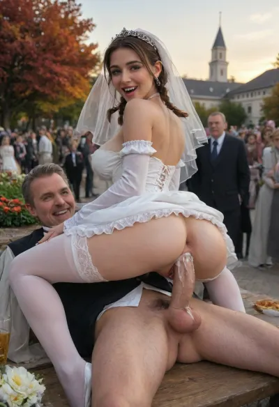 A petite skinny tiny bride, perfect nature, (autumn colors), she will be fucked outside in the German beergarden in the asshole, (massive cocks), (open smile mouth:1.2), (She doing cowgirl reverse posing on the table and gets fucked from frontside), (extreme gaping cumfilled vagina), (massive cumshots), (short braids), (she wear bride costume), cum covered, she have large silicone breasts and small nice ass, she will be anal fucked from two old men and white beard, they are full clothed in pantsuit, (double penetrating:1.2), Outside in Germany, (((public beergarden, crowded, people around))), Sunset, perfecteyes, 2boys, white, thighhighs, hon, one, eye, frills, puff, sleeves, (white, bridal, dress, veil:1.5), <lora:340947_training_data:.6>, <lora:681678_training_data:.6>, <lora:lora-sdxl-perfect-eyes:.6>, <lora:Nier_Automata_2B_White_Wedding_Dress_Bride_Cosplay_Realistic_LoRA:2>