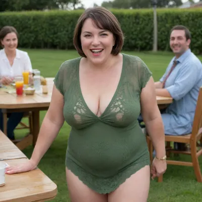 Sunny summer day, bright sunny day, The chubby milf 35 is dancing on the lawn, green lawn, stark naked body, chubby milf, transparent, medium very saggy tits, no panties, plump hairy pubis, brown hair, bobcut hair, dark green eyes, happy smile, nip slip, (normal quality:2), ((fully dressed people at table in background:1.5))