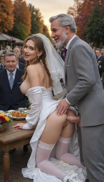 A petite skinny tiny bimbo bride, perfect nature, (autumn colors), she will be fucked outside in the German beergarden, (analsex:1.6), (Extrem giant cocks:1.2), (open smile mouth:1.2), (She doing doggystyle on the table and get fucked from behind:1.2), (view from the side:1.2), (extreme gaping vagina), (massive cumshots), (short pink braids), (she wear bride costume), cum covered, she have large silicone breasts and small nice ass, (she will be anal fucked from two old men and white beard:1.2), they are full clothed in pantsuit, Outside in Germany, (((public beergarden, crowded, people around))), Sunset, perfecteyes, 2boys, white, thighhighs, hon, one, eye, frills, puff, sleeves, (white, bridal, dress, veil:1.5), <lora:340947_training_data:2>, <lora:681678_training_data:.4>, <lora:lora-sdxl-perfect-eyes:.5>, <lora:Nier_Automata_2B_White_Wedding_Dress_Bride_Cosplay_Realistic_LoRA:2>