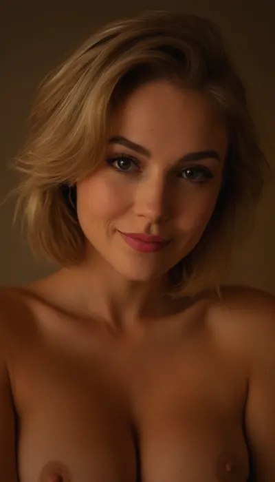 ziprealism, (avant-garde snapshot esthetic), (rockstar girlfriend, mischievous smirk, playful expression, sensual gaze, playful pose:1.6), (f/2.8, shallow depth of field, Dutch Angles, focus on eyes, perfect eyes:1.2), (creamy bokeh, subtle bokeh), (ash-blonde hair with dark highlights, thick voluminous hair, short haircut, swept-back hairstyle:1.4), (large expressive eyes, perfect eyes), (strong angular facial features, wide jaw, defined jawline, high chiseled cheekbones, bold eyeliner), (topless, strip tease, large soft teardrop breasts, pale nipples:1.4), (intimate bedroom scene), igbaddie, <lora:igbaddie-XL:.8>