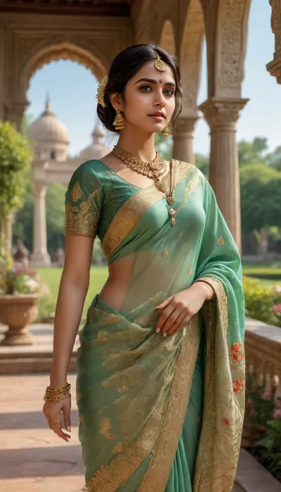an Indian woman in traditional Indian attire, seated serenely in a garden setting, bathed in warm sunlight. detailed face, detailed sea green eyes, sexy eyes, sensual looks, very attractive, supermodel, extremely beautiful, seductive smile, ahegao expression, very beautiful, ultrahd, photorealism, 8k, tall, fit and mascular body, hourglass figure, high contrast image, detailed shadows and reflections, oily skin, makeup,  The scene is composed within a decorative archway or pavilion, with ornate pillars and a patterned facade creating a sense of depth and architectural grandeur. The woman is positioned centrally, her posture relaxed and elegant. The focus is clearly on her, with the garden background subtly blurred to emphasize her presence. The perspective is slightly elevated, drawing attention to her exquisite attire and posture. The viewer's eye is naturally drawn to the intricate details of her garments and jewelry.

The woman is the central figure, her features are delicate and expressive, her face conveying a calm and serene demeanor. Her gaze is directed towards the horizon, suggesting a peaceful contemplation or a wistful observation of the surroundings. She is dressed in a traditional Indian outfit, a rich colourful sari with intricate patterns in orange and gold, with a matching blouse. The details of her jewellery, a mix of gold and pearl accents, are meticulously rendered, drawing attention to the artistry of the piece. The sari's rich folds and the intricate patterns are depicted with great precision, reflecting the craftsmanship of Indian textiles.


The illustration's artistic style is reminiscent of a classical oil painting, although executed digitally. The use of color is rich and saturated, evoking warmth and the feeling of a late afternoon sun. Soft, diffused lighting highlights her figure and the surrounding environment. The architectural elements are rendered with intricate detail, suggesting a sense of historical significance and cultural richness. The colors are blended and layered to create a sense of depth and dimensionality. The artist has achieved a balance between realism and stylized depiction, preserving the elegance of the clothing while ensuring a smooth and appealing representation of the female figure.


The setting is a garden with lush greenery and flowering plants, suggesting a serene and inviting atmosphere. The sunlight filters through the trees, creating a warm and inviting ambiance. The architecture is elegant and ornate, with the detailed carvings and decorative elements suggestive of a historical or royal garden. The warm glow of the sunlight casts soft shadows that add depth to the scene, giving the image a timeless quality. The overall mood is one of tranquility and beauty, reflecting the grace and elegance of the depicted subject., <lora:CinematicStyle_v1:.8>, green, eyes, blue, brown, perfecteyes, <lora:PerfectEyesXL:.8>, <lora:detailed_notrigger:.8>
