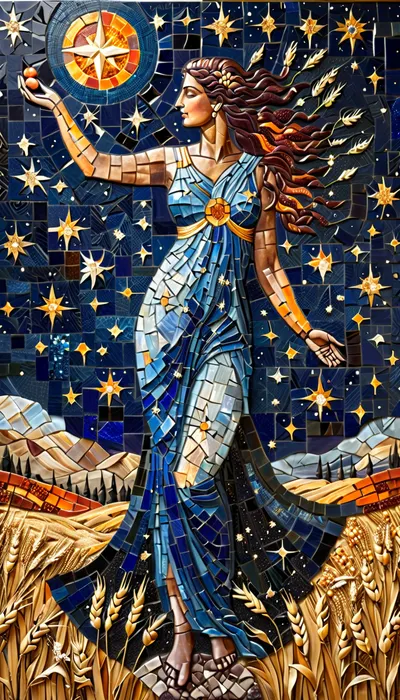 Byzantine-style Goddess Demeter as Virgo constellation, mosaic crafted from tesserae, smalti glass stars, (Spica, blue, Auva, orange), gold leaf constellation lines, lapis lazuli voids, Goddess holding golden wheat sheaf in left hand, standing in a wheat field, pomegranate seeds spilling as dwarf galaxies, Ravenna basilica meets NASA astrophotography, cracked plaster texture, cosmos, artmsc, mosaic, pixelated, <lora:ArtfullyMOSAIC_SDXL_V1:.8>