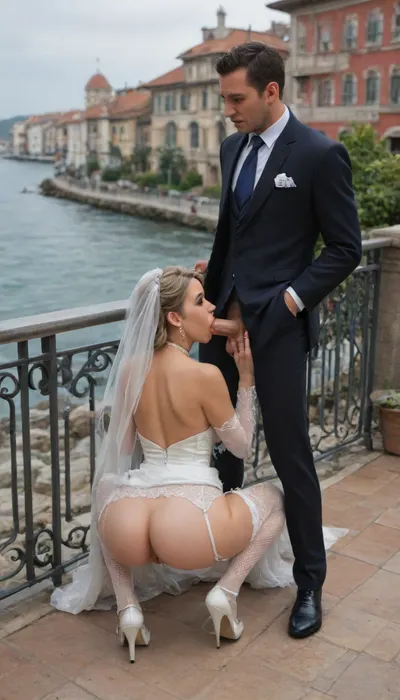 Honeymoon, 1girl, 35 years old, adult, 1, 75m, soft butt, big breasts, blonde hair, white toe nails, (tiny waist), red lipstick, dark black Mascara, red Long Finger nails, (high detailled face), (high detailled navel), (high detailled pussy), (high detailled skin, Wedding Dress, White High Heels, White garter belt, White fishnet stockings, on a balcony in a italian town in the sea, lean at Balcony railing, bend over, spread legs, Blowjob, Show ass, 1men, bold head, Wedding suit, Gigant Cook, on her left Side, (full View:1.5), view from front)