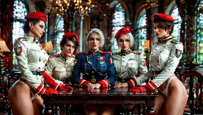 (bottomless only white lace thong:1.3), (Military Beret:1.2), (White military uniform:1.2), (red military uniform:1.2), Fully dressed in military uniform, Fully clothed, three women, Four women, A female head of state and her guards during a press conference, Women standing side by side on chairs at a table, Women standing behind a table, Women standing in front of the camera, (Isabella Valentine), (Jill Valentine), (tracer from overwatc), multiple girls, beautiful face, perfect face, highly detailed beautiful face and eyes, attractive face, very curvy, Lots of adult women, long legs, stylish, big boobs, perfect body, high heels, nipples, perfect tits.full body, A female soldier who is engrossed in tabletop exercises