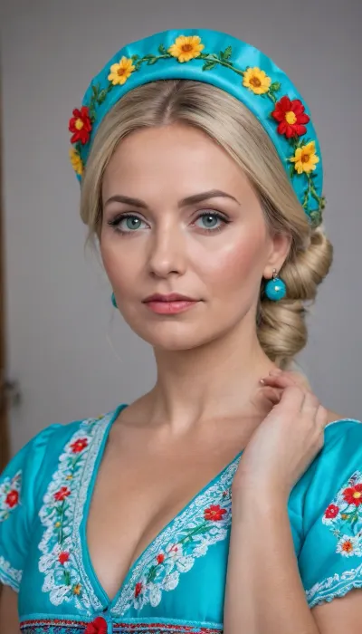 (4K UHD ultra-detailed RAW photo), high detailed, 8k, (photorealistic:1.7), chubby 1women 50 yo, in village, ((standing)), ((milf:1.5)), (((wearing turquoise Ukrainian summer national costume, Embroidery, floral headband))), ((voluminous blonde updo haircut)), 1/2 length view, ((sad:1.5)), (makeup:1.3), (4K, high resolution, best quality), tiedtobed, face, up, down, frontal, at, angle, close, rope, black, white, <lora:add-detail-xl:.5>, <lora:222513_training_data:1>