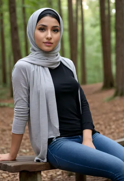 cute 20 years slender woman, tall body, dark sun tanned skin, cute face, innocent face, posing on forest bench, 20 years old, big natural breast, ((long hijab)), ((high definition picture)), high detail, small ass, small hips, tight jeans leggins, back view