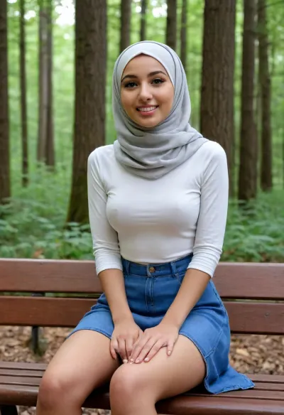 cute 20 years slender woman, small body, dark sun tanned skin, cute face, innocent face, open mouth slightly, posing at forest bench, 20 years old, big natural breast, puffy areola, swollen niple, ((long hijab)), ((high definition picture)), high detail, small ass, small hips, tight jeans, spread knees with hands
