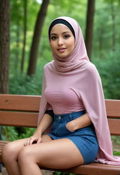 cute 20 years slender woman, small body, dark sun tanned skin, cute face, innocent face, sympatic face, open mouth slightly, posing at forest bench, 20 years old, big natural breast, puffy areola, swollen niple, ((long hijab)), ((high definition picture)), high detail, small ass, small hips, tight jeans thighhihgs