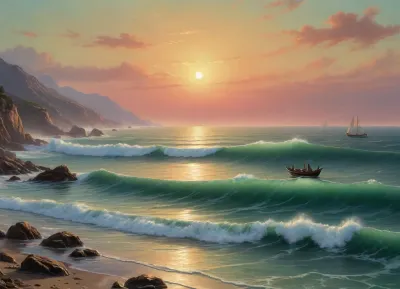 The painting is in the style of the Russian artist Ivan Konstantinovich Aivazovsky.The painting depicts the evening dawn of the sea near Malaga, a Spanish port city.

A boat is sailing through the high waves of a choppy sea, the rowers are working their oars with all their might to overcome the waves. Longboats and ships with lowered sails are parked at the pier.

The rays of the setting sun turn the edge of the pale green sky into a honey-yellow color, against which city buildings are clearly outlined, [1], .

The work is painted in bright colors. The author depicted the sky in one step, using a wide range of shades — light green, turquoise, pink, yellow, orange. The heavens are reflected on the surface of the rolling sea, coloring the waves in the same colors. The painter conveyed on canvas with realistic accuracy transparent sea waves, on the crests of which foam crests bloom, which crumble as they approach the shore., painted in the so-called oriental taste.