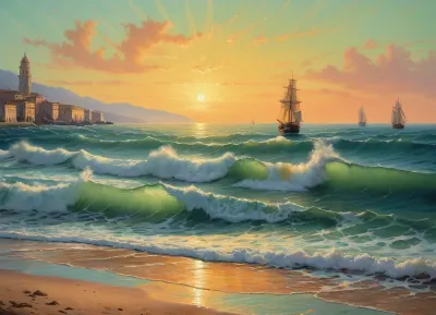 The painting is in the style of the Russian artist Ivan Konstantinovich Aivazovsky.The painting depicts the evening dawn of the sea near Malaga, a Spanish port city.

A boat is sailing through the high waves of a choppy sea, the rowers are working their oars with all their might to overcome the waves. Longboats and ships with lowered sails are parked at the pier.

The rays of the setting sun turn the edge of the pale green sky into a honey-yellow color, against which city buildings are clearly outlined, [1], .

The work is painted in bright colors. The author depicted the sky in one step, using a wide range of shades — light green, turquoise, pink, yellow, orange. The heavens are reflected on the surface of the rolling sea, coloring the waves in the same colors. The painter conveyed on canvas with realistic accuracy transparent sea waves, on the crests of which foam crests bloom, which crumble as they approach the shore., painted in the so-called oriental taste.