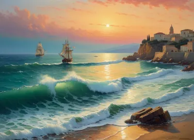 The painting is in the style of the Russian artist Ivan Konstantinovich Aivazovsky.The painting depicts the evening dawn of the sea near Malaga, a Spanish port city.

A boat is sailing through the high waves of a choppy sea, the rowers are working their oars with all their might to overcome the waves. Longboats and ships with lowered sails are parked at the pier.

The rays of the setting sun turn the edge of the pale green sky into a honey-yellow color, against which city buildings are clearly outlined, [1], .

The work is painted in bright colors. The author depicted the sky in one step, using a wide range of shades — light green, turquoise, pink, yellow, orange. The heavens are reflected on the surface of the rolling sea, coloring the waves in the same colors. The painter conveyed on canvas with realistic accuracy transparent sea waves, on the crests of which foam crests bloom, which crumble as they approach the shore., painted in the so-called oriental taste.