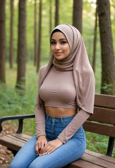 cute 20 years slender woman, small body, dark sun tanned skin, cute face, innocent face, sympatic face, open mouth slightly, posing at forest bench, 20 years old, big natural breast, puffy areola, swollen niple, ((long hijab)), ((high definition picture)), high detail, small ass, small hips, tight jeans, spread knees with hands, naked legs