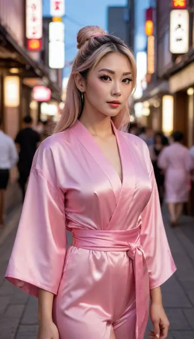 super thin asian milf, super sexy, (hot body), massive perfect breasts, super wasp waist, long slender amrs and legs, (delicate features:1.4), hips, tight small ass, very tanned milf, asian milf with blonde bobcut with black roots, makeup, blush, lipgloss, asian style tatoos, nipple piercings, clit piercings, shaved pussy, smooth skin, very bright amber eyes, (perfect eyes), (super long eyelashes:1.34), wearing a, (pink silky satin kimono with intricate designs), ((pink kimono:1.45)), satin kimono, cleavage, night, dotonbori, streets of dotonbori, lots of people, ((full body view:1.45))