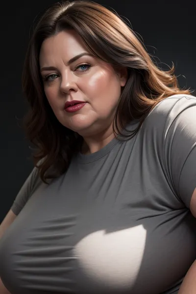 (Close-up:1.3), portrait photo a mature chubby woman, fat bosom, fat round face, double chin, 60 years old Woman, blue eyes, brunette hair with highlights, seductive smile, full lips, bowed shaped lips, looking at viewer, (solid dark grey background:1.3), eye level shoot, film grain, style by Flora Borsi, OverallDetail, downblouse, loose, t-shirt, leaning, forward, <lora:downblouse-v1:.3>, <lora:weight_slider_v2:.9>