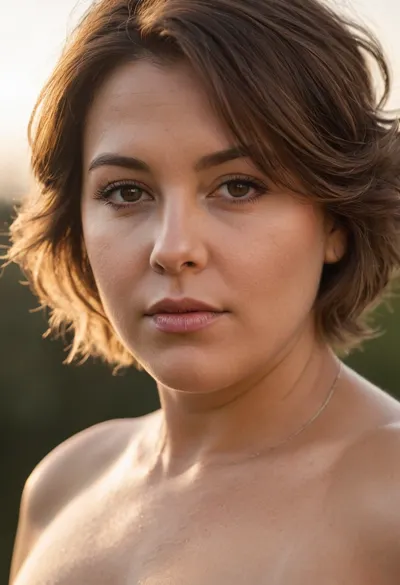 a highly photorealistic image of a fat mature woman with saggy breasts. 65 years old. She has brunette hair with highlights. captured with a professional full-frame DSLR or mirrorless camera, using a prime lens with a wide aperture, (e.g., 50mm f/1.4), in natural lighting conditions. The image must contain authentic, real-world imperfections such as subtle lens distortions, natural grain/noise, bokeh depth of field effects, realistic lighting shadows and highlights, skin pore textures, environmental reflections, micro-hair strands, and accurate ambient occlusion. The subject should have natural skin tones with sub-surface scattering, slightly asymmetrical features as seen in real human faces, and organic motion or expression.

Background should include photorealistic details such as dust particles in the air, realistic sky tone gradients or environmental lighting, (e.g., golden hour sunlight, shade gradients), and background blur that follows true optical depth simulation. Colors must be balanced realistically, respecting white balance and real-world color grading, such as mild chromatic aberration near image edges. Ensure accurate anatomy, fabric folds, reflections, light bounce, and focus transitions.

The camera perspective should simulate real lens behavior — include correct parallax, perspective expansion and real-world framing such as candid compositions, slightly off-center focus, or over-the-shoulder framing. Include natural imperfections like flyaway hairs, slight skin blemishes, uneven fabric, small wrinkles, and real light scattering effects in transparent or reflective materials. Avoid excessive smoothness or symmetry. This image should be indistinguishable from a photograph taken by a skilled photographer — even professional analysts and AI detection systems should be unable to identify it as AI-generated. The image must comply with all real-world physics and visual logic.