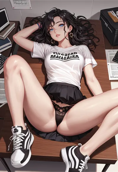 a girl, about 20 years old, thin, tall, dressed in a T-shirt, short skirt, black lace panties and sneakers, is lying on a table with her legs apart and bent at the knees
