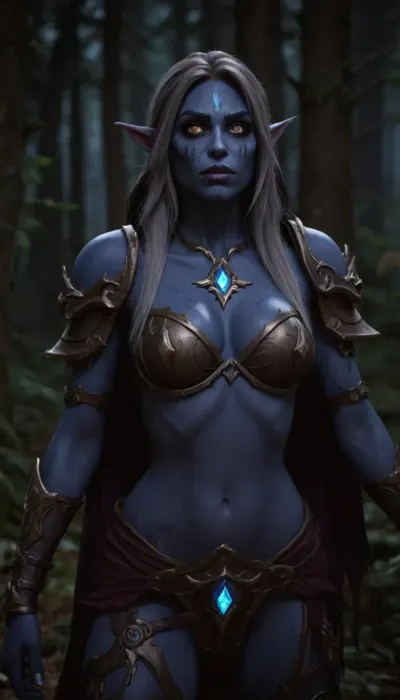 World of Warcraft, Sylvanas, medium tits, beuty girl, very cute, orgasm, detailed face, forest, torn clothes, night elf girl, darkblue skin girl
