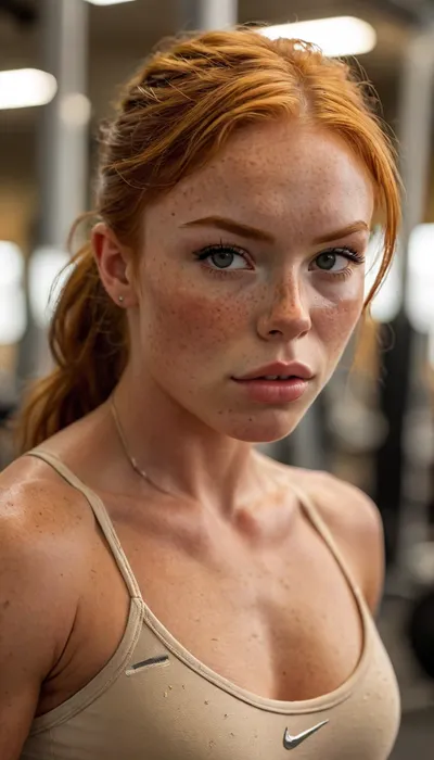 ziprealism, (inspirational athletic poster, Nike poster, inspirational action shot:1.2), (impressively athletic woman in a gym, body builder, fit body, muscular shoulders:1.6), (fierce expression, inspirational atmosphere of determination), (f/2.8, shallow depth of field, creamy bokeh, tight head shot extreme face closeup, layered composition with subtle foreground, frame vignetting, focus on eyes:1.4), (vibrant ginger hair, freckles, short hair, swept-back hairstyle:1.2), (catchlights, sharp contrasting limbal rings, large expressive eyes, stunning eyes, perfect eyes, slightly downturned eyes), (full lips, soft lips, moist lips), (tanned oily skin, tan lines, natural skin texture), igbaddie, <lora:MJ52:.6>, <lora:igbaddie-XL:.4>