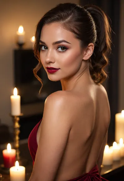 20 year old brown haired woman side eyeing camera, looking over her shoulder, leaning slightly back, deeply tanned brown skin, smirking, happy, seductive, back to camera, full dark red lips, prominent cupids bow lips, shiny lipgloss, hair in an elegant ponytail, (eyeliner, winged eyeliner, dark eyeshadow), makeup, nude, (candlelight)