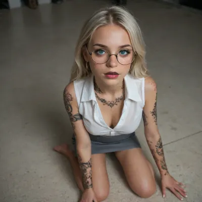 Beautiful swedish 19 year old girl, super skinny body, ribcage showing, defined stomach, white blonde hair, white hair, beautiful blonde, messy long hair, perfect young face, young face with freckles, lots of freckles, cute young face, perfectly detailed green emerald eyes, (tanned), fake breasts, perfect breasts, very slim waist, super skinny waist, tiny waist, skinny body, skinny stomach, big ass, tight, lust, tight pussy, 19 years old, adult, perfect body shape, perfect legs, anorexic, (arm tattoos:1.5), (leg tattoos:1.5), (tattoos:1.8), ####, (clothed), ((Wearing a very tight sleeveless white buttoned shirt and short grey skirt)), cleavage, (oversized glasses), heavy makeup, black lipstick, clothed, full length, looking into camera, #### on knees, looking up at camera




DSLR camera, best quality, best resolution, uhd, perfect composition of lights and shadows, dynamic, the brightest image, clear focus, high resolution, (extreme detail), (ultra realism), UHD, super high quality, super high resolution, extremely detailed view, high angle