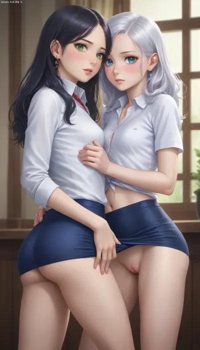 Two very young girls, lesbians, The first girl's name is Katya, a beautiful 18 year old young girl, she has a young face, long red hair, green eyes, a young athletic body, very sexy, very long eyelashes, (tight pussy:1.5), (cute pussy:1.5), ((small pussy)), ((tight little ass)), small firm breasts, she is a virgin, very shy, Katya is naked in a skirt and without panties.
The second girl's name is Lisa, a beautiful 20 year old girl, long white hair, blue eyes, she is already experienced and very concerned, Lisa is dressed in a tight school shirt, without panties.
They are at school.
Lesbian strap-on sex, strap-on sex, lesbian.
General plan.