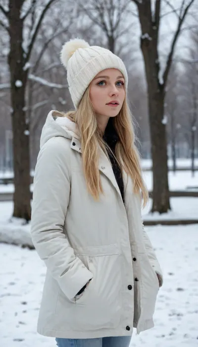 1girl, small breasts, blonde hair, low-tied long hair, blue eyes, looking away, worried, hands in pockets, white parka, white jeans, pom pom beanie, outdoors, winter, snow, park, city, snowing, (masterpiece, best quality, absurdres, highres, newest, very awa)