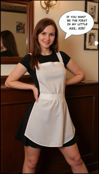 A petite french maid, wearing a maid uniform, speech bubble "IF YOU WANT BE THE FIRST IN MY LITTLE ASS, SIR!", in an old fashioned gentlemen club.