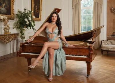 A woman with dark hair sits on a brown fur-covered chaise lounge holding up a lace garment, with a grand piano and a harp in the background. The image features a woman with long dark hair, parted on the side, and prominent makeup, including dark eyeliner and full lips. She is seated on a large, reddish-brown chaise lounge covered in what appears to be fur or an animal hide, complete with visible white patches in some areas. The chaise lounge has silver studding along its edges. The woman is topless, revealing large breasts, and is holding up a dark blue or black lace garment with gold or light-colored embellishments, as though she is either putting it on or taking it off. Around her neck, she wears a delicate necklace with a key-shaped pendant. She also has a bracelet on her left wrist. In the background to the left, a black grand piano with its lid open can be seen, its keys visible. Beyond the piano, there's a large window looking out onto lush green foliage and a glimpse of a light-colored brick wall. To the right of the woman, a large, ornate golden harp stands prominently. Its intricate gold frame and visible strings are detailed. Further in the background, a painting depicting a stylized face with a colorful, striped body is visible, leaning against a wall or furniture. The room has warm-toned walls, possibly terracotta or light brown, and the floor appears to be wooden or tiled. The overall atmosphere suggests an indoor, luxurious setting, possibly a private residence, with a mood that could be interpreted as alluring or confident due to the woman's pose and attire, (correct female hands and fingers:1.3), DRSL camera, 8k ultra HD, hinaigirl, dark, skin, large, breasts, boobs, tits, <lora:MaybeBetterFaceInFullBodyLora_XL_rev3:.8>, <lora:Darker_skin_SDXL:.8>, <lora:bombshell_v2:.8>, <lora:681678_training_data:.8>, <lora:add-detail-xl:1.6>