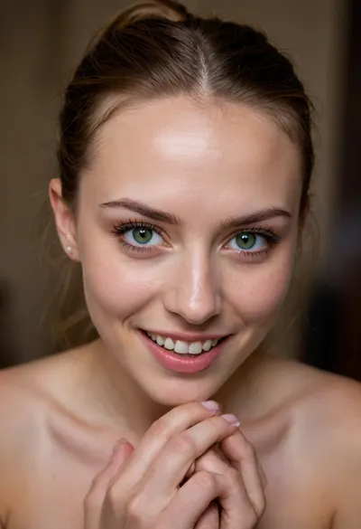 Realistic photography, Ultra quality, high detailed, straight on, very close-up, in an historical castle with high ceiling, woman bends against a wall, naked, well-built body, 19 years old, ((fair skin)), (middle sized boobs), ((small round green eyes)), ((round face)), (view to viewer), mouth open, cute face, brown hair with high ponytail, evil view, (evil smiling), head turned slightly right, discreet makeup, eyeliner, skin texture, skin freckles, (skin pores), symmetrical eyes, night, dark, high contrast, film grain, sharp focus, uhd 8k, high detailed skin, high detailed mouth, high detailed eyes, glossy eyes, high detailed iris, high detailed fingers, high detailed fingernails, manicure, high detailed vagina, high detailed teeth, high detailed lips, high detailed feet, soft light, ultra quality, dslr, masterpiece