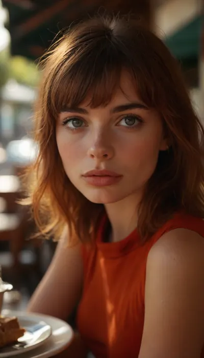 ziprealism, (avant-garde snapshot esthetic), (adorable French woman, lunch at iconic outdoor cafe:1.6), (elegance, refined, confident), (f/2.8, shallow depth of field, creamy bokeh, tight head shot extreme face closeup, layered composition with subtle foreground, strong shadowy vignette, focus on eyes), (vibrant auburn hair, long wispy bangs, pageboy hair cut:1.4), (catchlights, sharp contrasting limbal rings, large expressive eyes, stunning eyes, perfect eyes, slightly downturned eyes, long delicate eyelashes), (full lips, soft lips, moist lips, metallic white waterline), (porcelain skin), igbaddie, <lora:MJ52:.6>, <lora:igbaddie-XL:.4>