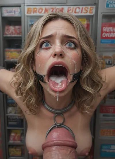 (40 years adult), (woman is stuck with her hips in a round hole with metal rim in a vending machine), (her bust is protruding from a round hole in the front of the vending machine:1.5), (stuck in hole with metal rim:1.3), (vending machine at night, slot for payment), (wide mouth spreader ring gag, gaping mouth:1.5), (leaning forward), (embarrassed, ashamed), (pleading expression:1.2), (terrified:1.6), (crying:1.2), (fear and panic:1.2), (box is low mounted, close to floor), (score_9, score_8_up, score_7_up, UHD 8K, masterpiece, best quality, maximum details, natural light, extreme realism, cinematic still), (huge penis:1.4), (she stares at erect penis in front of her face:1.3), (POV from above, she is looking up to viewer, submissive), (POV man standing and looking down, man stroking his big dick:1.1), (arms restrained to wall), (her arms left and right flat against the wall, multiple iron rings fixing her stretched arms against the wall:1.5), (POV standing man, looking down on her:1.2), (mouth wide open), (dirty blonde Swedish woman, freckles, tanned), (tan lines), (iron rings restrain her arms to vending machine), (her arms are spread eagle against vending machine:1.8), (arms restrained with iron rings:1.8), (free-standing vending machine), (her face is covered in cum:1.6), (cum in er mouth:1.1), (bukkake, facial:1.3), (crying:1.3), (freckles, skin impurities), (transparent liquid:1.2), (realistic cum), (wet face:1.2), (oily skin:1.5), (stuck in a round hole with metal rim:1.6), (long blonde hair, elegantly styled hair, long wavy hair:1.5), (eyes wide open in horror:1.3), (her mouth serves only one purpose), (she's got a new job, she's a public cum dumpster)