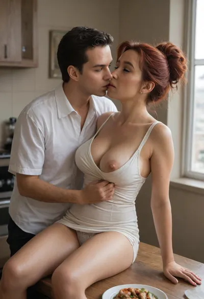 ((In the 1950s a beautiful and very busty 58-year-old mature housewife with graying red hair sits on the table with his legs spread wide against the wall in a 1950s kitchen)), ((huge natural boobs)), graying red hair coming loose from a bun, earrings, (very tight casual summer dress decorated with assorted fruit), one breast falling out, saggy breast, cleavage, (((mature))), young, short, yuong boy, (yuong:1.6), is kissing her neck+groping her exposed breast+reaching up underneath her dress to pull down her panties, ((aroused facial expression)), ((orgasming)), perfect hands, perfect fingers, perfect anatomy, realistic mature skin, skin pores freckles moles blemishes wrinkles tan lines, 1950s clothing, 1950s hairstyles, 1950s decor