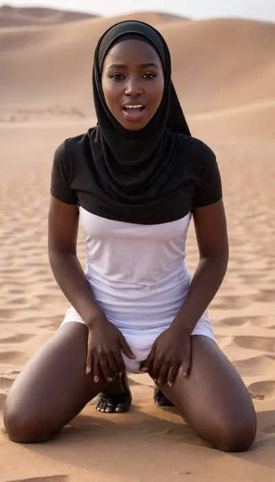Pornographic position, 18 years old, ultra dark skin, cum face, kneeling submise white man, mouth open, tongue out, hijab, desert light.