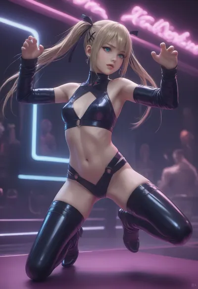 Marie Rose from Dead or Alive lewdly dancing on stage in cyberpunk bar, revealing pose, dynamic pose, action pose, neon lights, smoky atmosphere