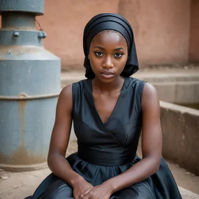 portrait of a, (very petite:1.3), (19 year old), (Congolese woman), (very dark black skin), (satin-dress), (cum on face), (cum on hijab), sitting near a well. woman, cum, on, face, <lora:JustCum:1.1>